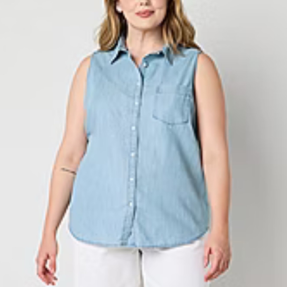 St. John’s Bay Women’s XL Blue Sleeveless Button-Up Shirt Collared Summer Top